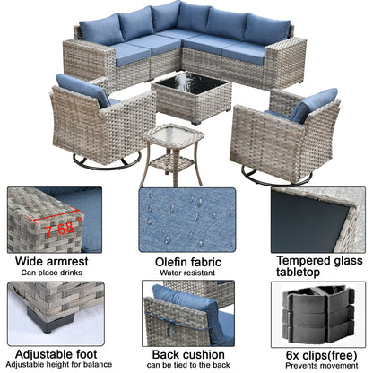 Ensemble de 9 chaises pivotantes à bascule en osier pour patio OVIOS avec tables à plateau en verre