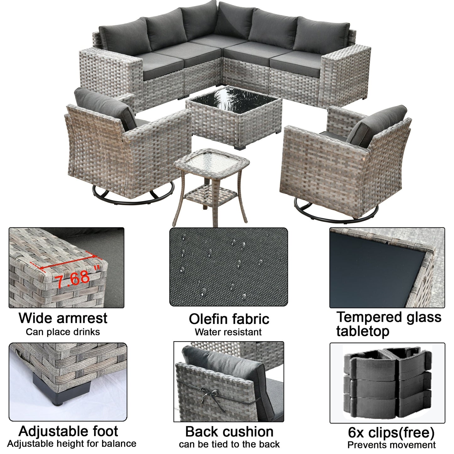 Ensemble de 9 chaises pivotantes à bascule en osier pour patio OVIOS avec tables à plateau en verre