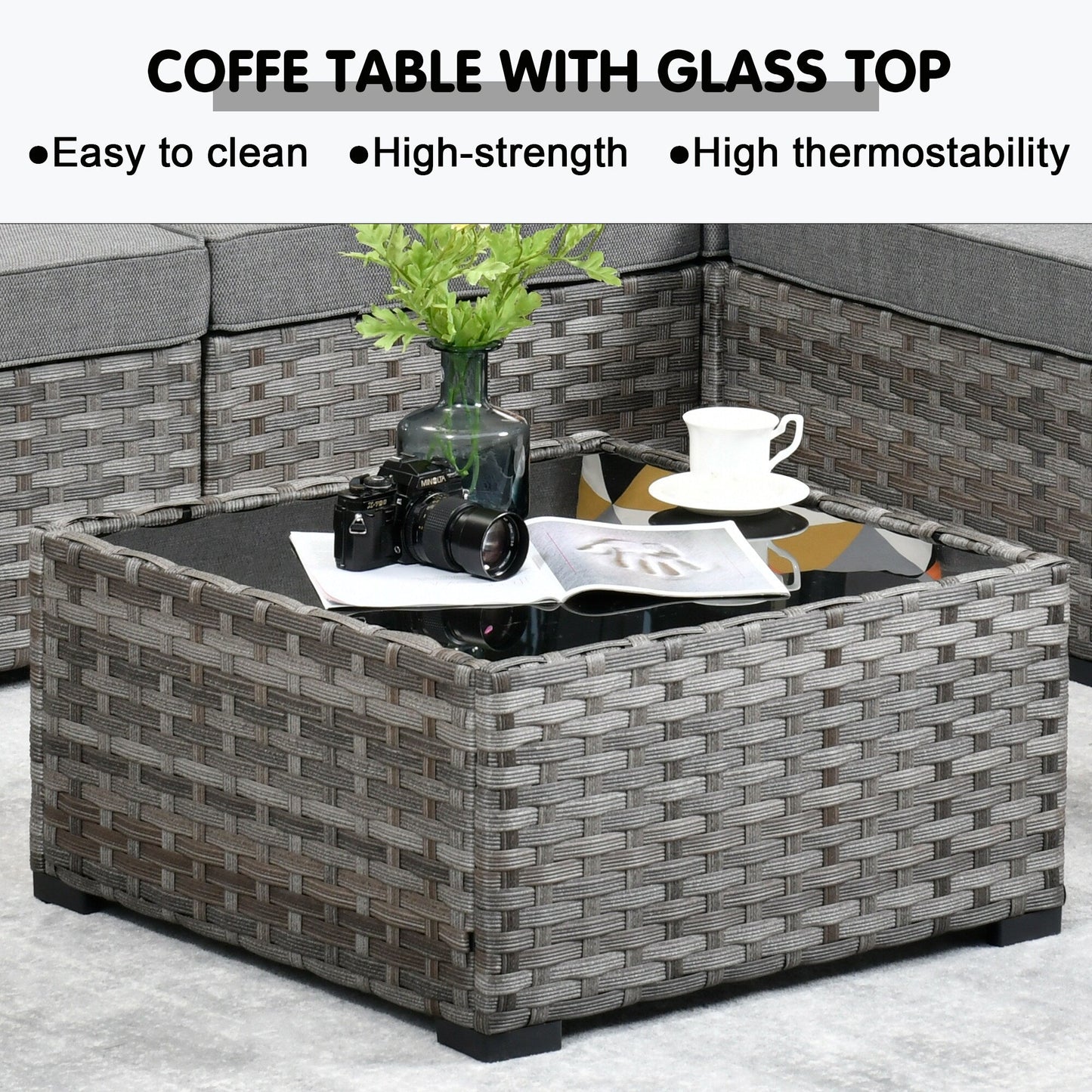 Ensemble de 9 chaises pivotantes à bascule en osier pour patio OVIOS avec tables à plateau en verre