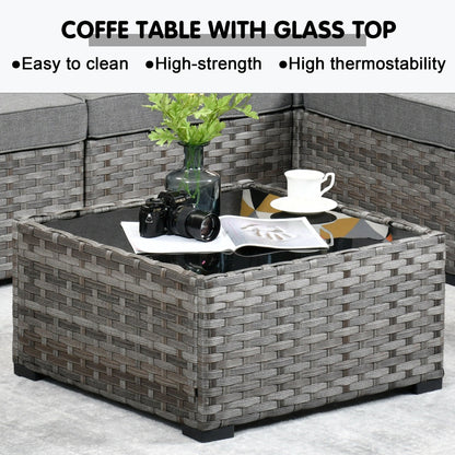 Ensemble de 9 chaises pivotantes à bascule en osier pour patio OVIOS avec tables à plateau en verre