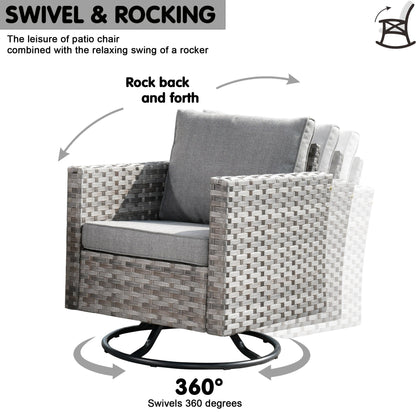 Ensemble de 9 chaises pivotantes à bascule en osier pour patio OVIOS avec tables à plateau en verre