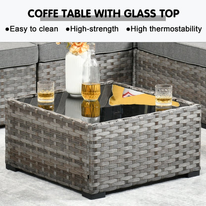 Ensemble de 9 chaises pivotantes à bascule en osier pour patio OVIOS avec tables à plateau en verre