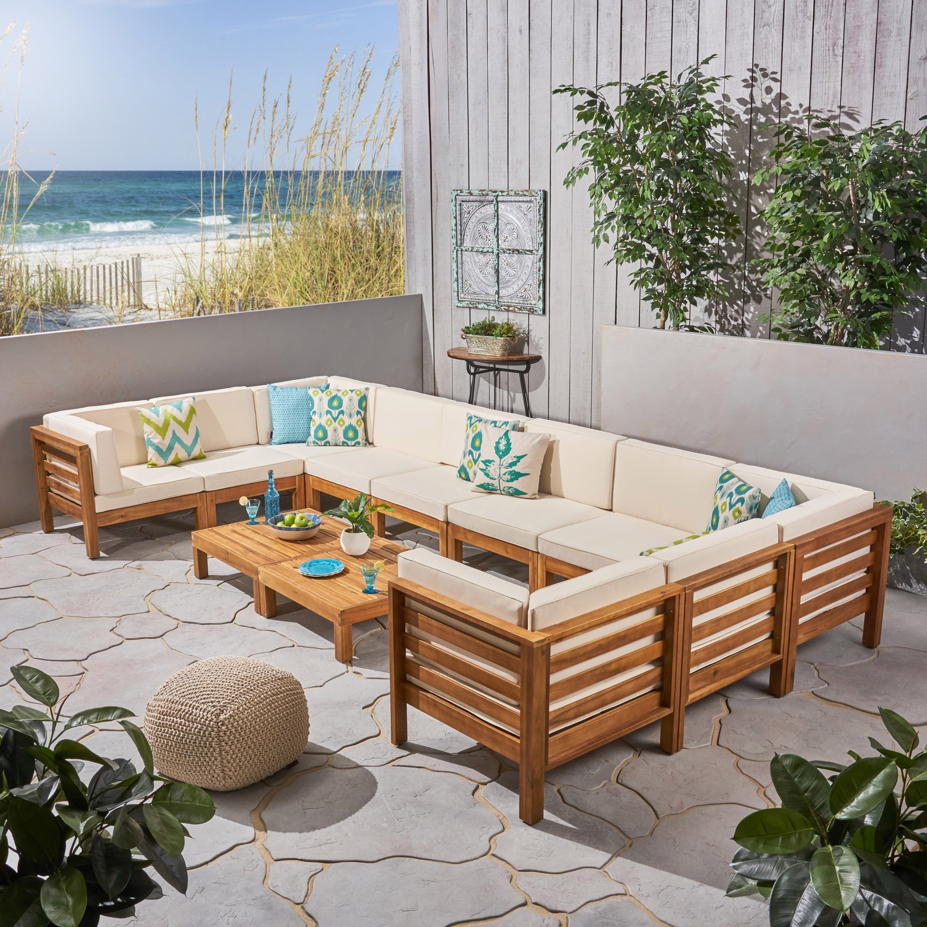 Ensemble de canapés d'extérieur Oana 12 pièces en bois d'acacia en forme de U par Christopher Knight Home
