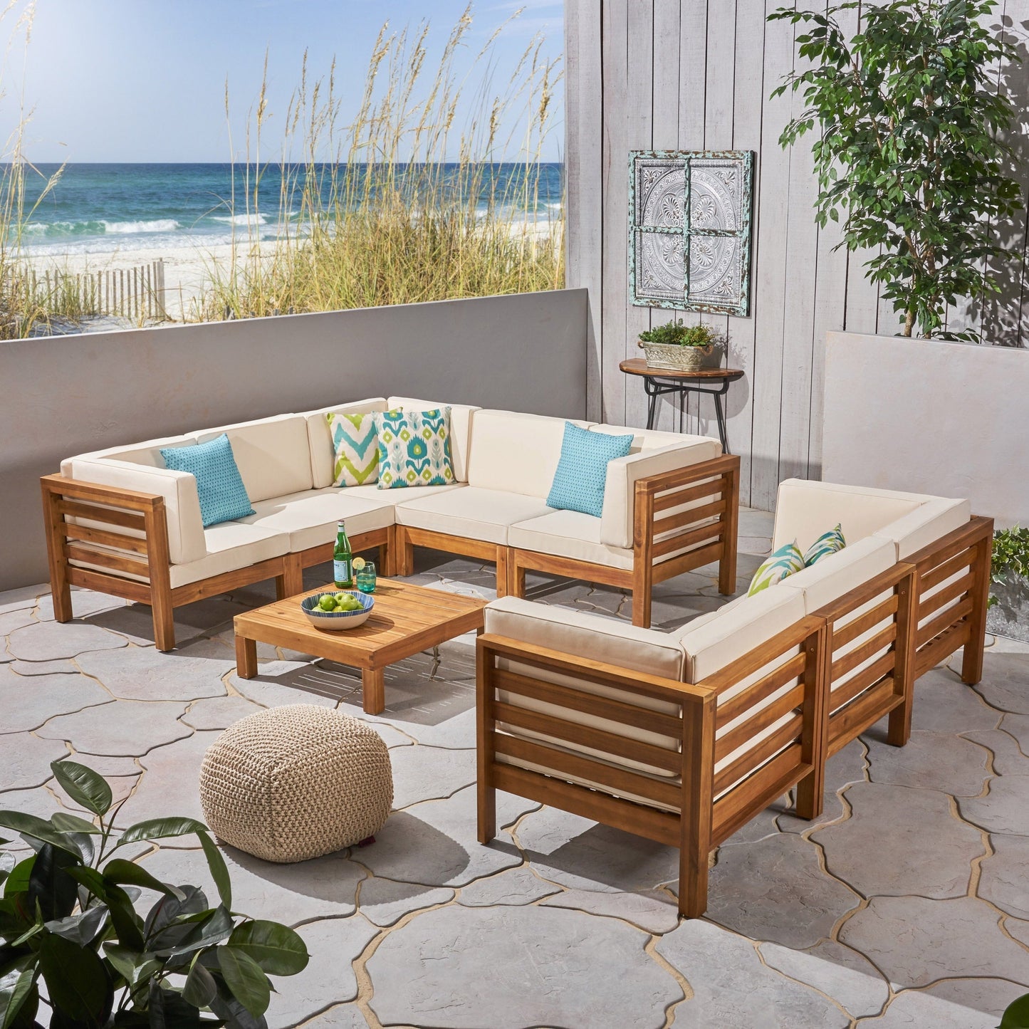 Ensemble de canapés d'extérieur Oana 9 pièces en bois d'acacia avec table basse par Christopher Knight Home