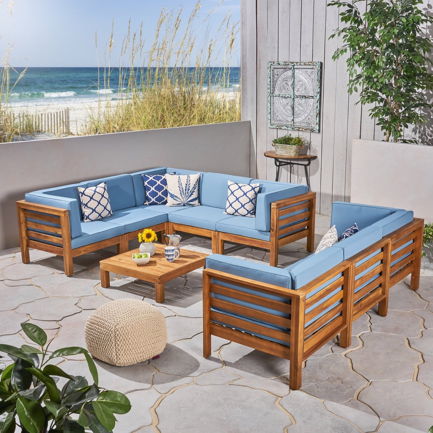 Ensemble de canapés d'extérieur Oana 9 pièces en bois d'acacia avec table basse par Christopher Knight Home