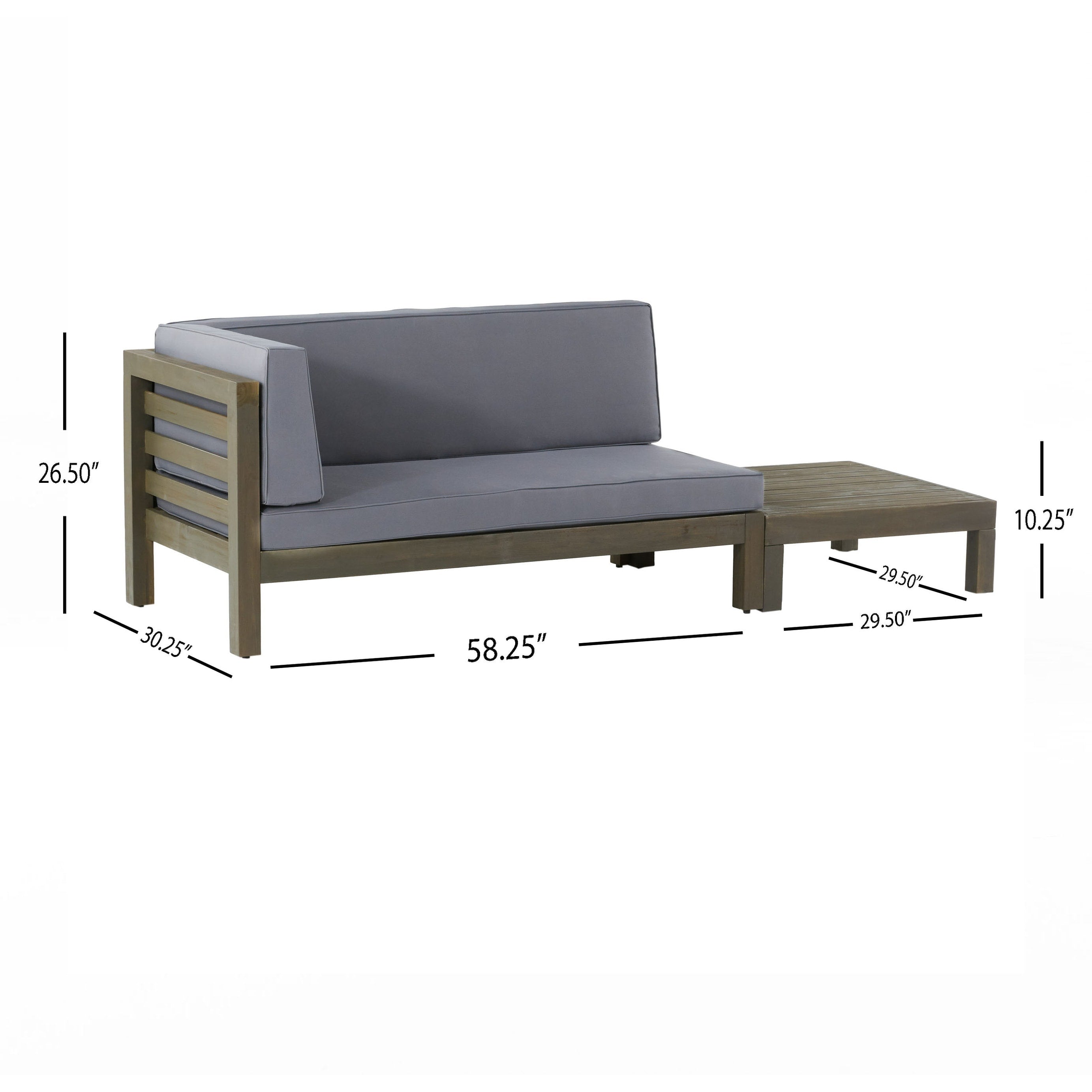 Ensemble causeuse et table basse d'extérieur en bois d'acacia Oana avec accoudoir gauche et coussin par Christopher Knight Home