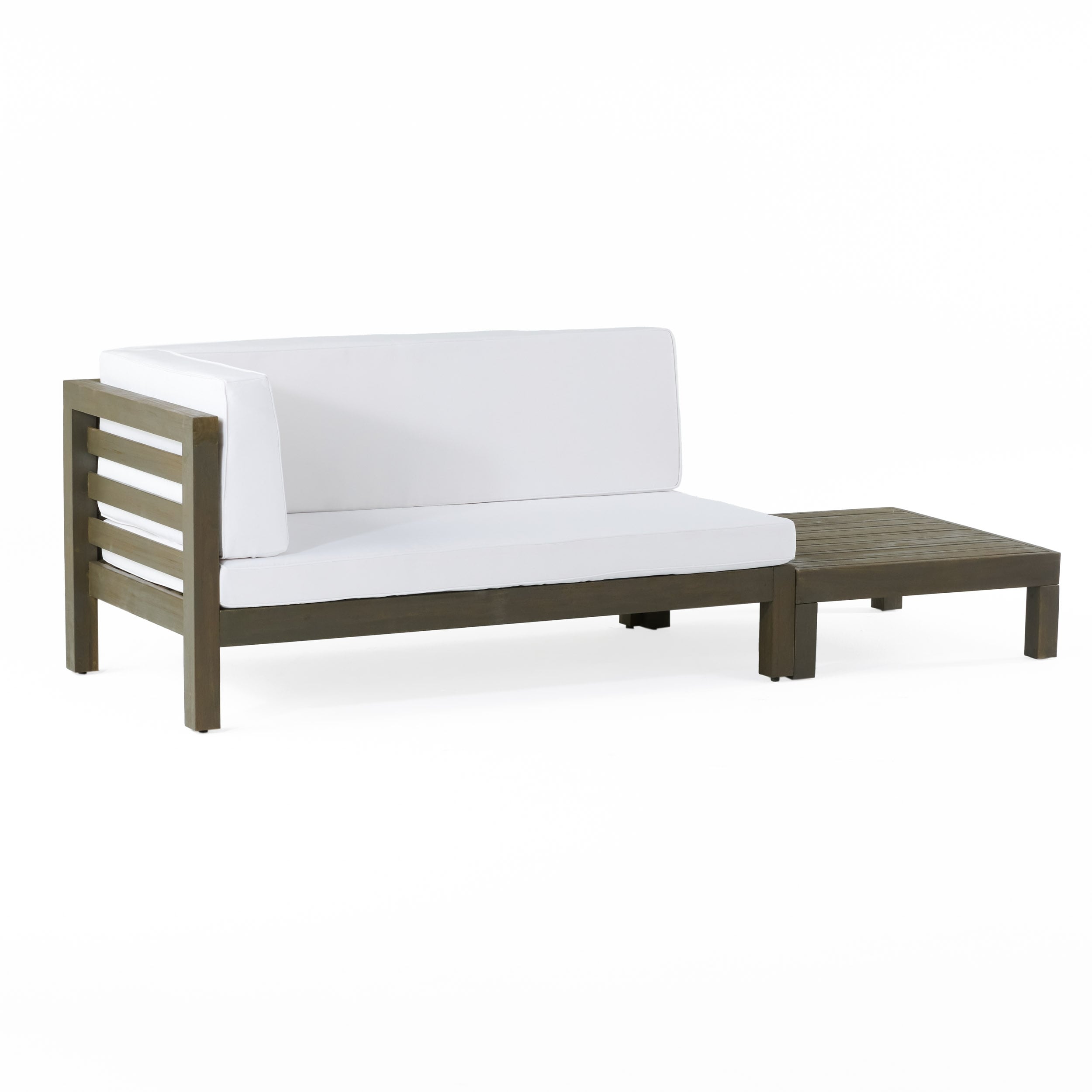 Ensemble causeuse et table basse d'extérieur en bois d'acacia Oana avec accoudoir gauche et coussin par Christopher Knight Home
