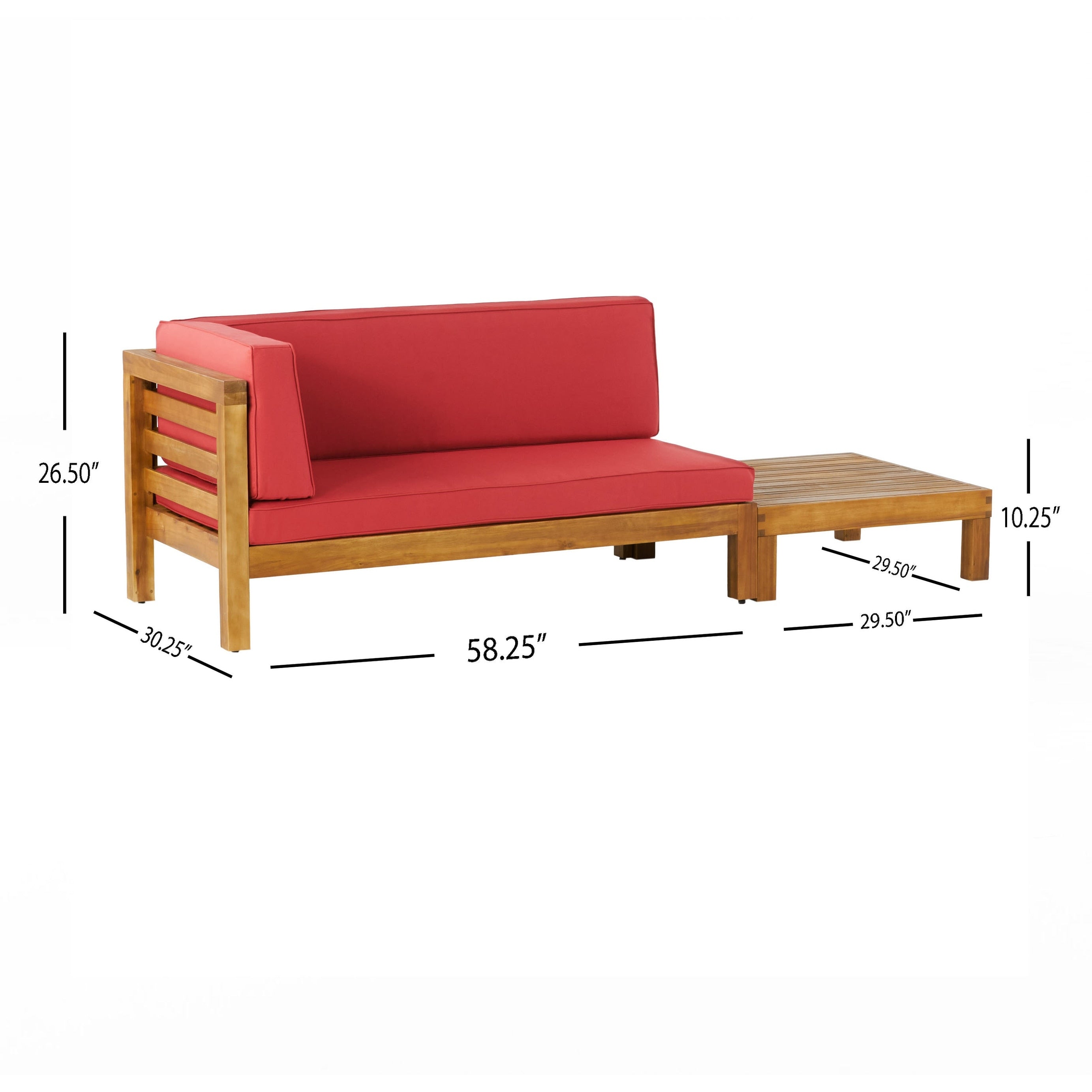 Ensemble causeuse et table basse d'extérieur en bois d'acacia Oana avec accoudoir gauche et coussin par Christopher Knight Home