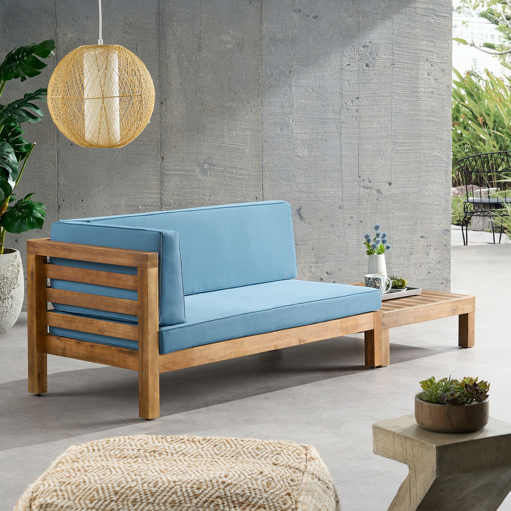 Ensemble causeuse et table basse d'extérieur en bois d'acacia Oana avec accoudoir gauche et coussin par Christopher Knight Home