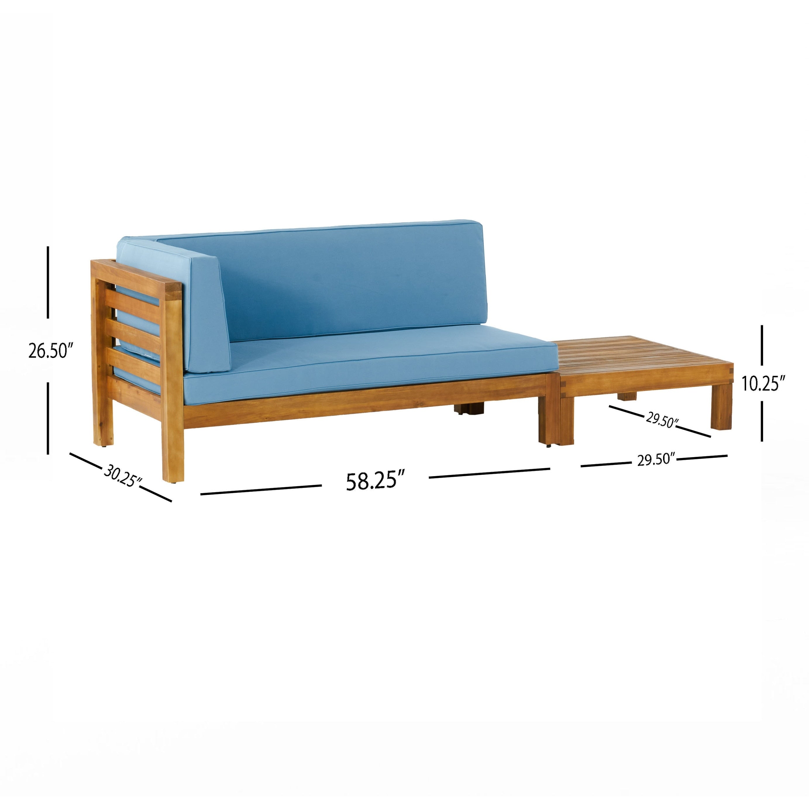 Ensemble causeuse et table basse d'extérieur en bois d'acacia Oana avec accoudoir gauche et coussin par Christopher Knight Home