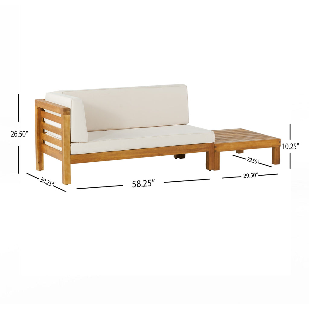 Ensemble causeuse et table basse d'extérieur en bois d'acacia Oana avec accoudoir gauche et coussin par Christopher Knight Home