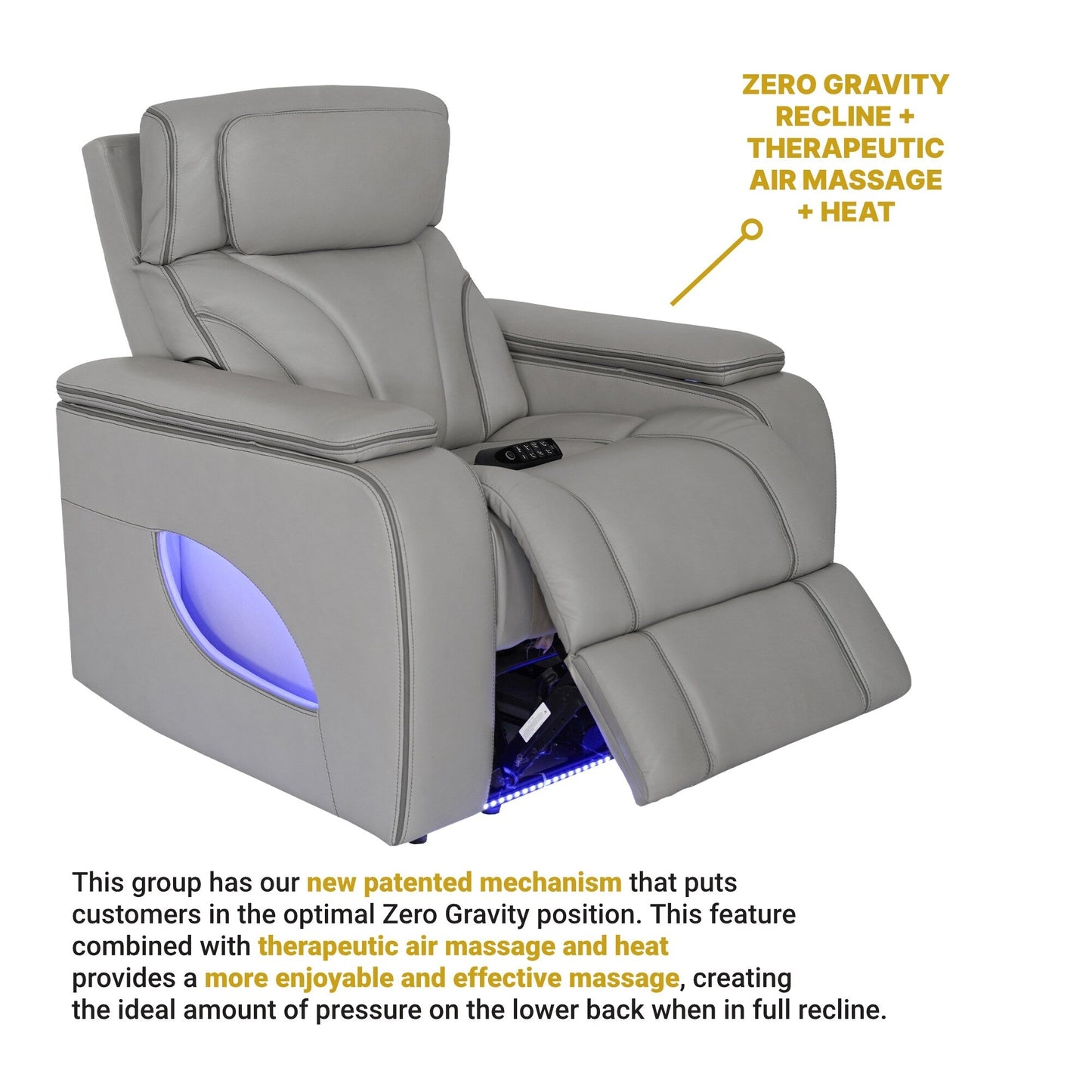 Fauteuil inclinable électrique zéro gravité Octavia en cuir argenté et gris avec chauffage et massage