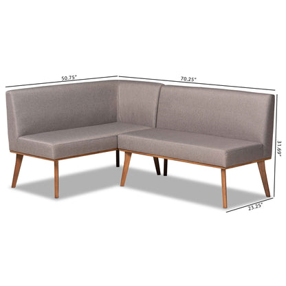 Ensemble de banquette de coin repas 2 pièces en tissu gris et bois de noyer Odessa