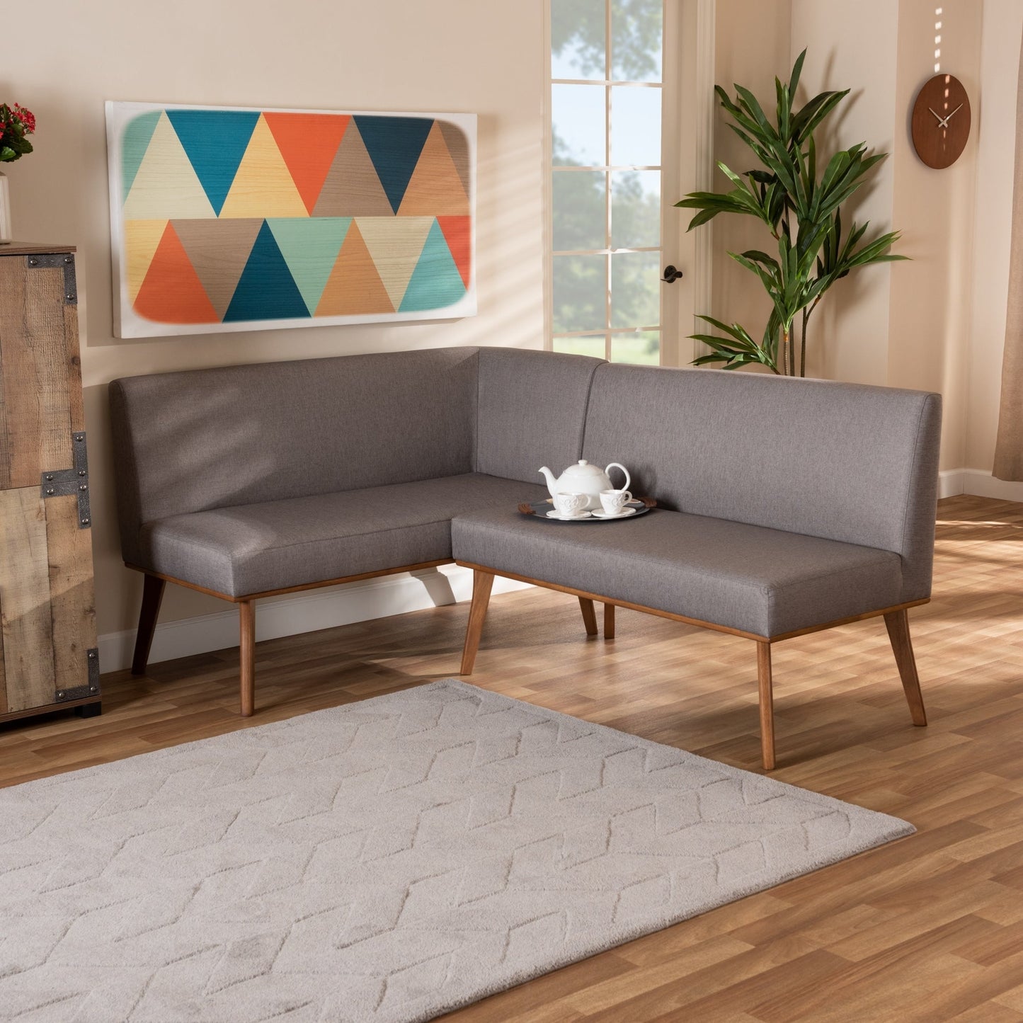 Ensemble de banquette de coin repas 2 pièces en tissu gris et bois de noyer Odessa