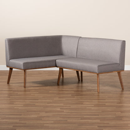 Ensemble de banquette de coin repas 2 pièces en tissu gris et bois de noyer Odessa