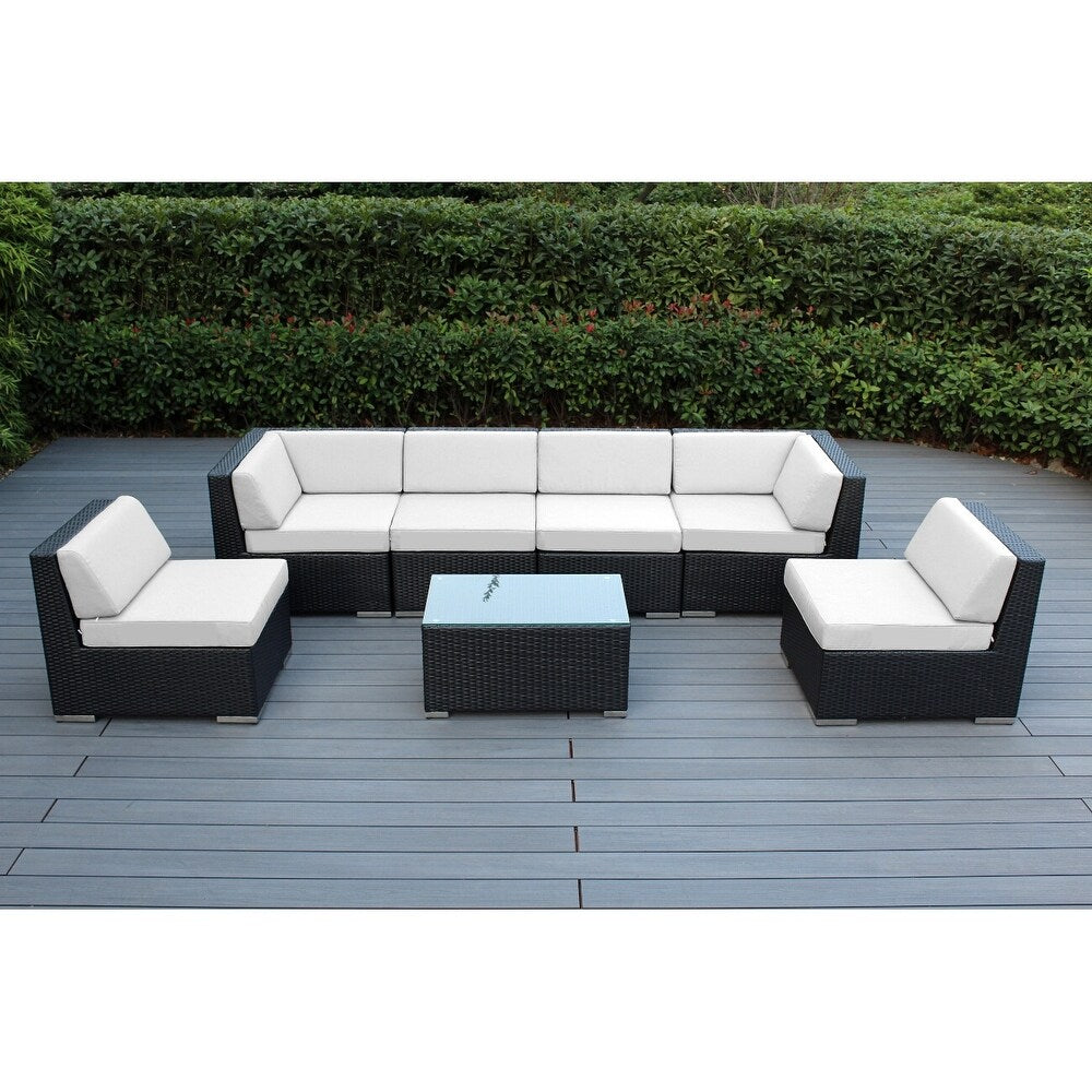 Ensemble de salon de jardin Ohana 7 pièces en osier noir avec coussins - Sans assemblage