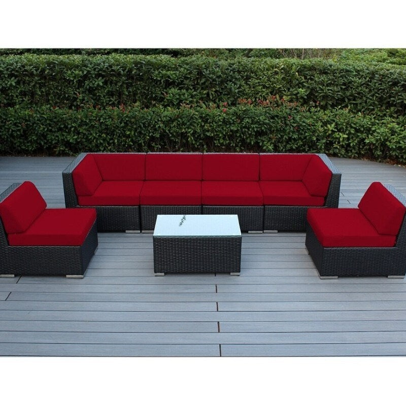 Ensemble de salon de jardin Ohana 7 pièces en osier noir avec coussins - Sans assemblage