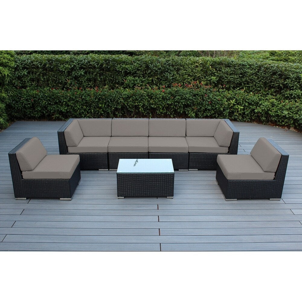 Ensemble de salon de jardin Ohana 7 pièces en osier noir avec coussins - Sans assemblage