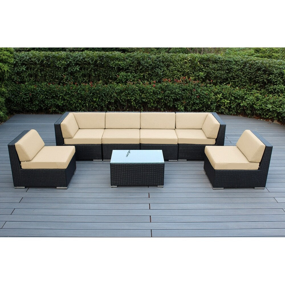 Ensemble de salon de jardin Ohana 7 pièces en osier noir avec coussins - Sans assemblage