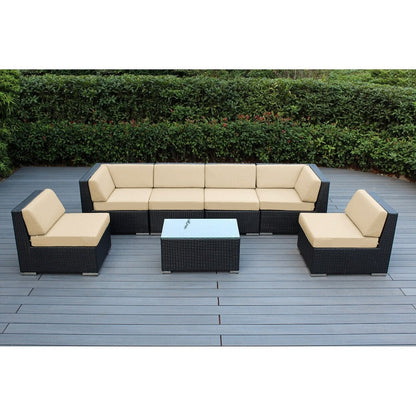 Ensemble de salon de jardin Ohana 7 pièces en osier noir avec coussins - Sans assemblage