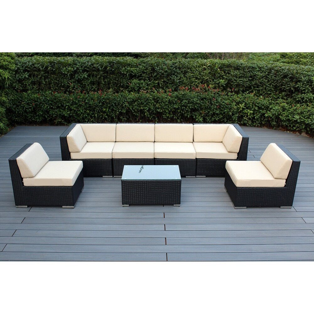 Ensemble de salon de jardin Ohana 7 pièces en osier noir avec coussins - Sans assemblage