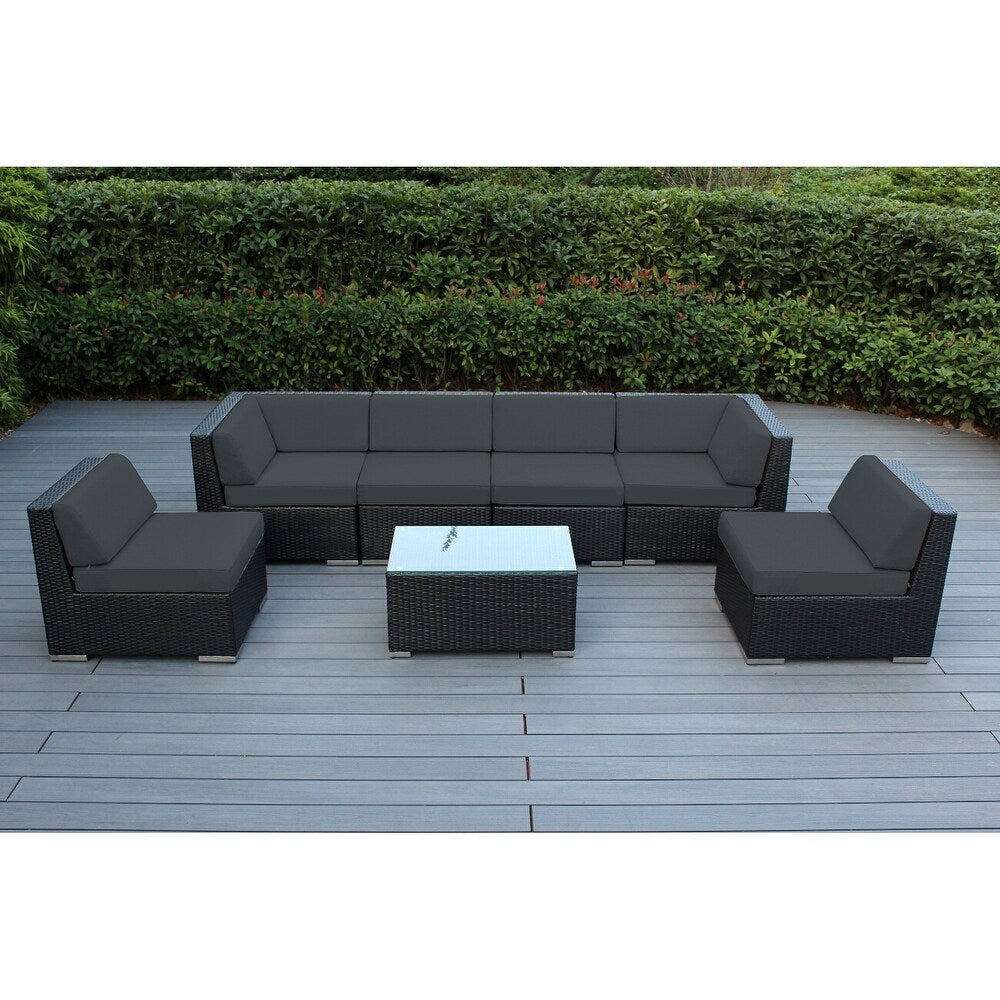 Ensemble de salon de jardin Ohana 7 pièces en osier noir avec coussins - Sans assemblage