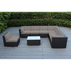 Ensemble de patio extérieur Ohana 8 pièces en osier noir avec coussins - Sans assemblage