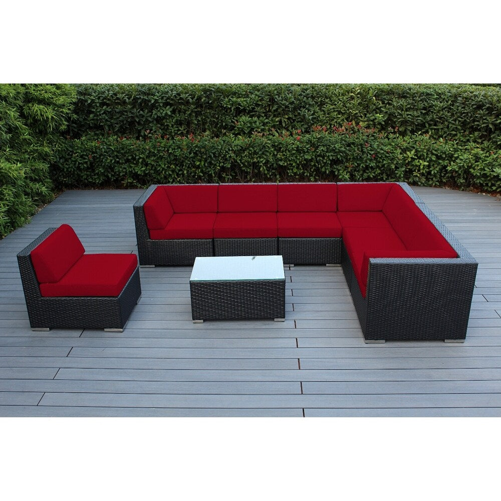 Ensemble de patio extérieur Ohana 8 pièces en osier noir avec coussins - Sans assemblage