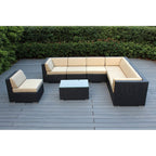 Ensemble de patio extérieur Ohana 8 pièces en osier noir avec coussins - Sans assemblage