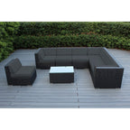Ensemble de patio extérieur Ohana 8 pièces en osier noir avec coussins - Sans assemblage