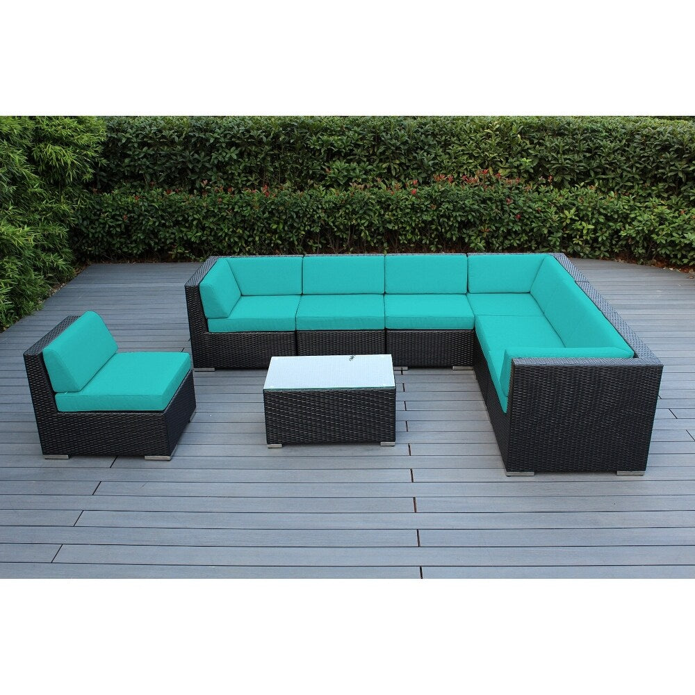 Ensemble de patio extérieur Ohana 8 pièces en osier noir avec coussins - Sans assemblage