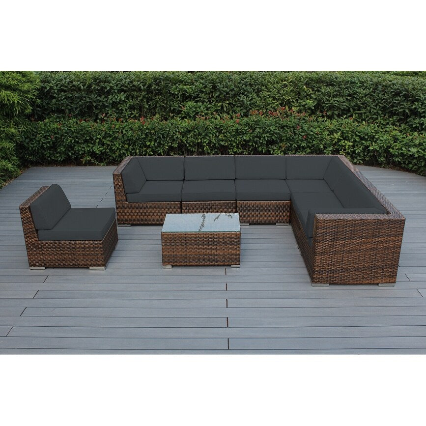 Ensemble de 8 canapés sectionnels Ohana Outdoor Patio en osier brun mélangé avec coussins - Sans assemblage