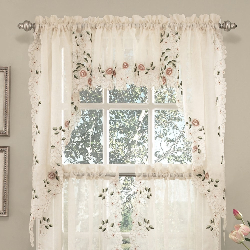 Rideau de cuisine transparent brodé à motifs floraux de l'Ancien Monde : volants, festons et cantonnières