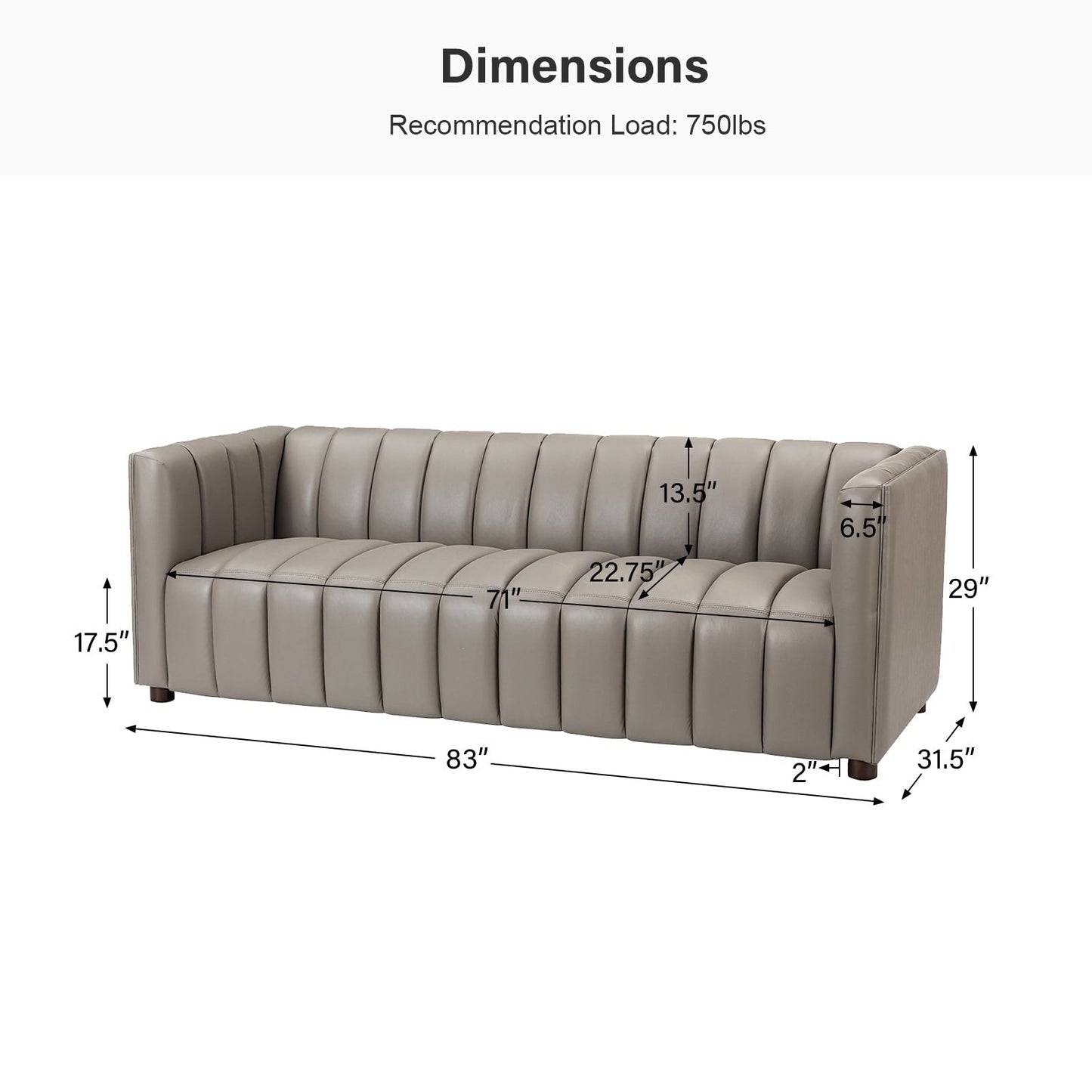 Canapé incurvé moderne Olinto en cuir véritable de 83 pouces avec dossier à canaux par HULALA HOME