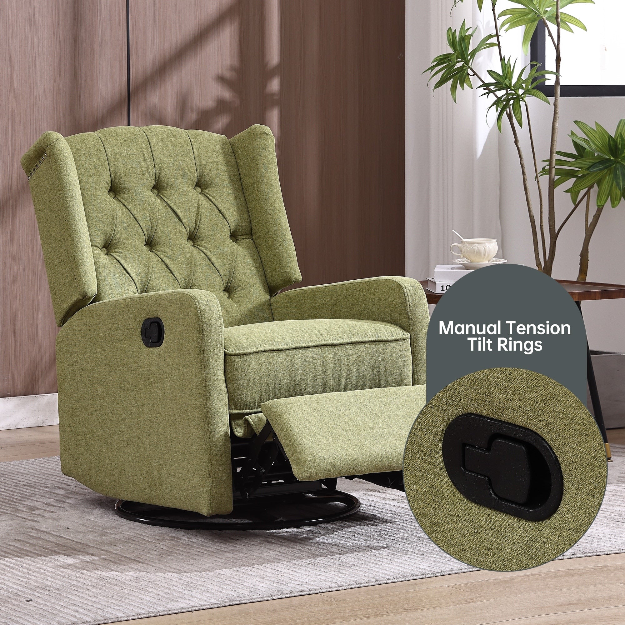 Fauteuil inclinable manuel pivotant à 360° en lin vert olive avec dossier capitonné et repose-pieds pour salon et chambre