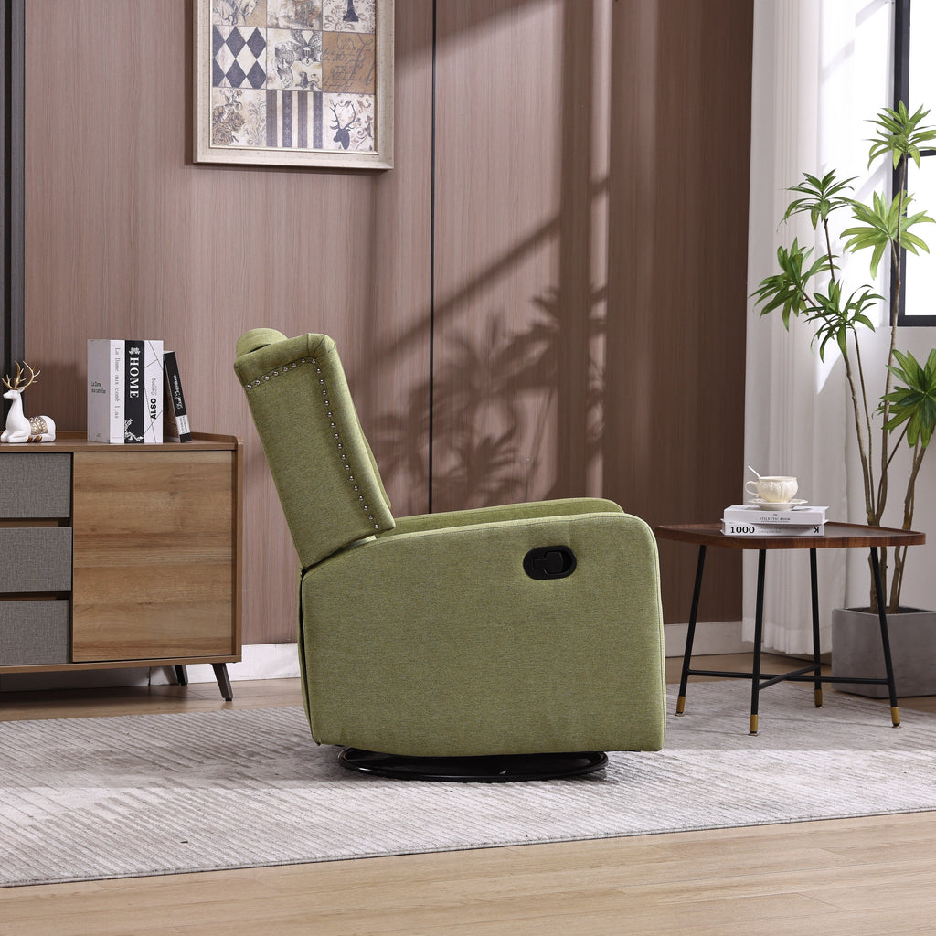 Fauteuil inclinable manuel pivotant à 360° en lin vert olive avec dossier capitonné et repose-pieds pour salon et chambre