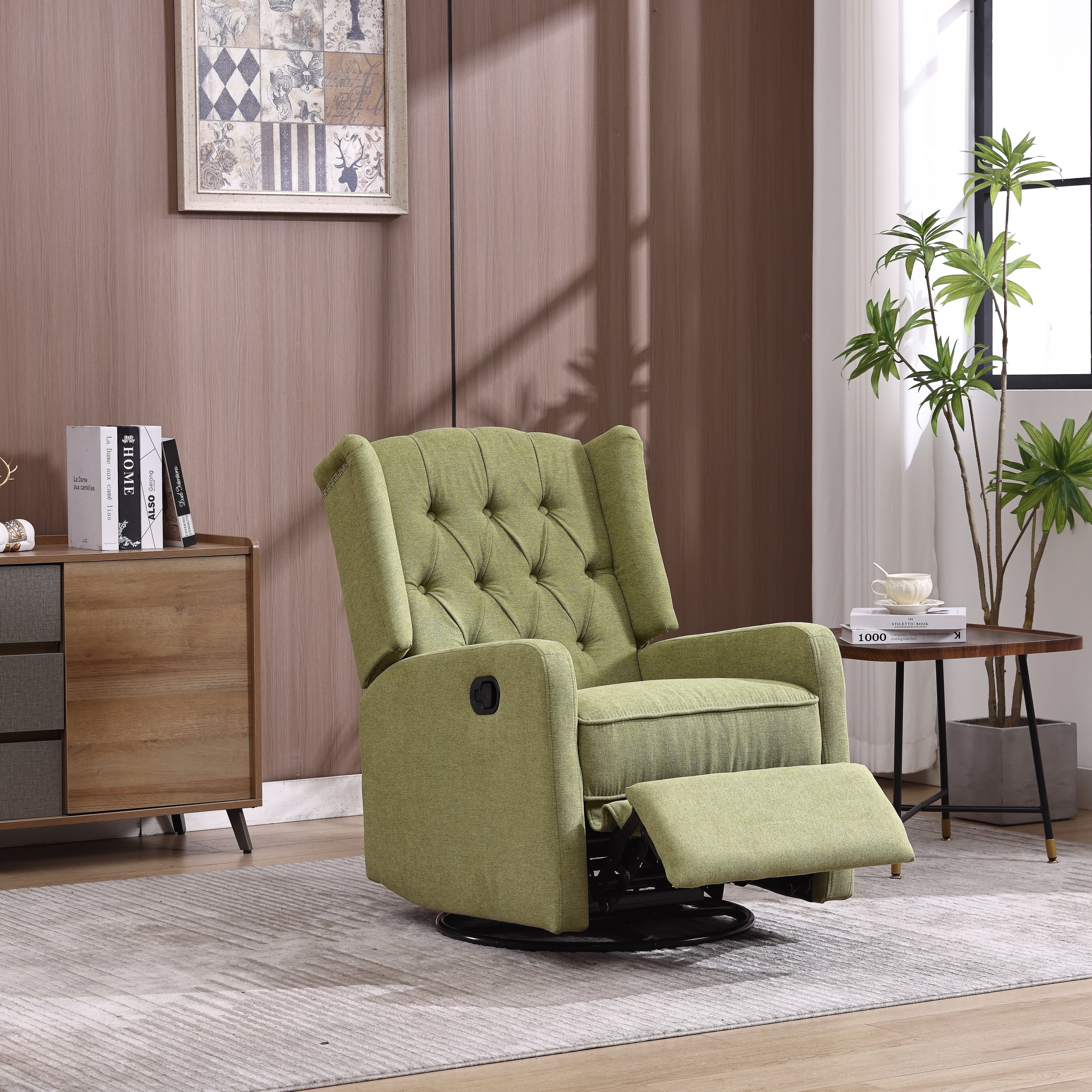 Fauteuil inclinable manuel pivotant à 360° en lin vert olive avec dossier capitonné et repose-pieds pour salon et chambre