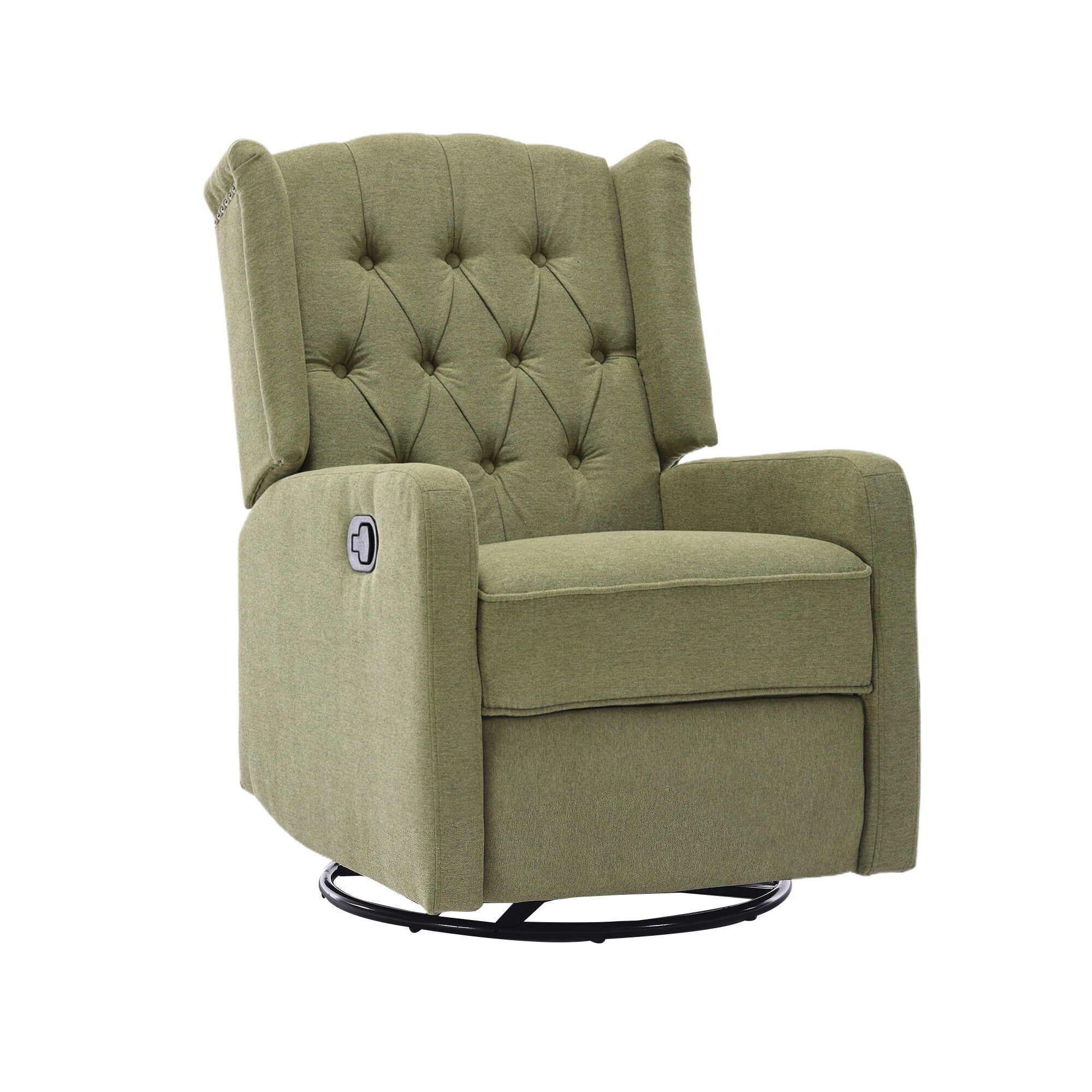 Fauteuil inclinable manuel pivotant à 360° en lin vert olive avec dossier capitonné et repose-pieds pour salon et chambre