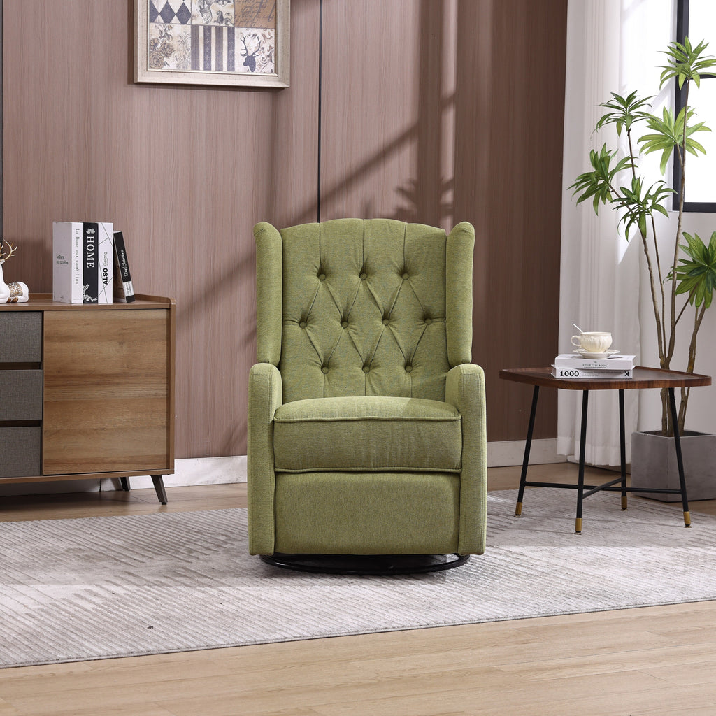 Fauteuil inclinable manuel pivotant à 360° en lin vert olive avec dossier capitonné et repose-pieds pour salon et chambre
