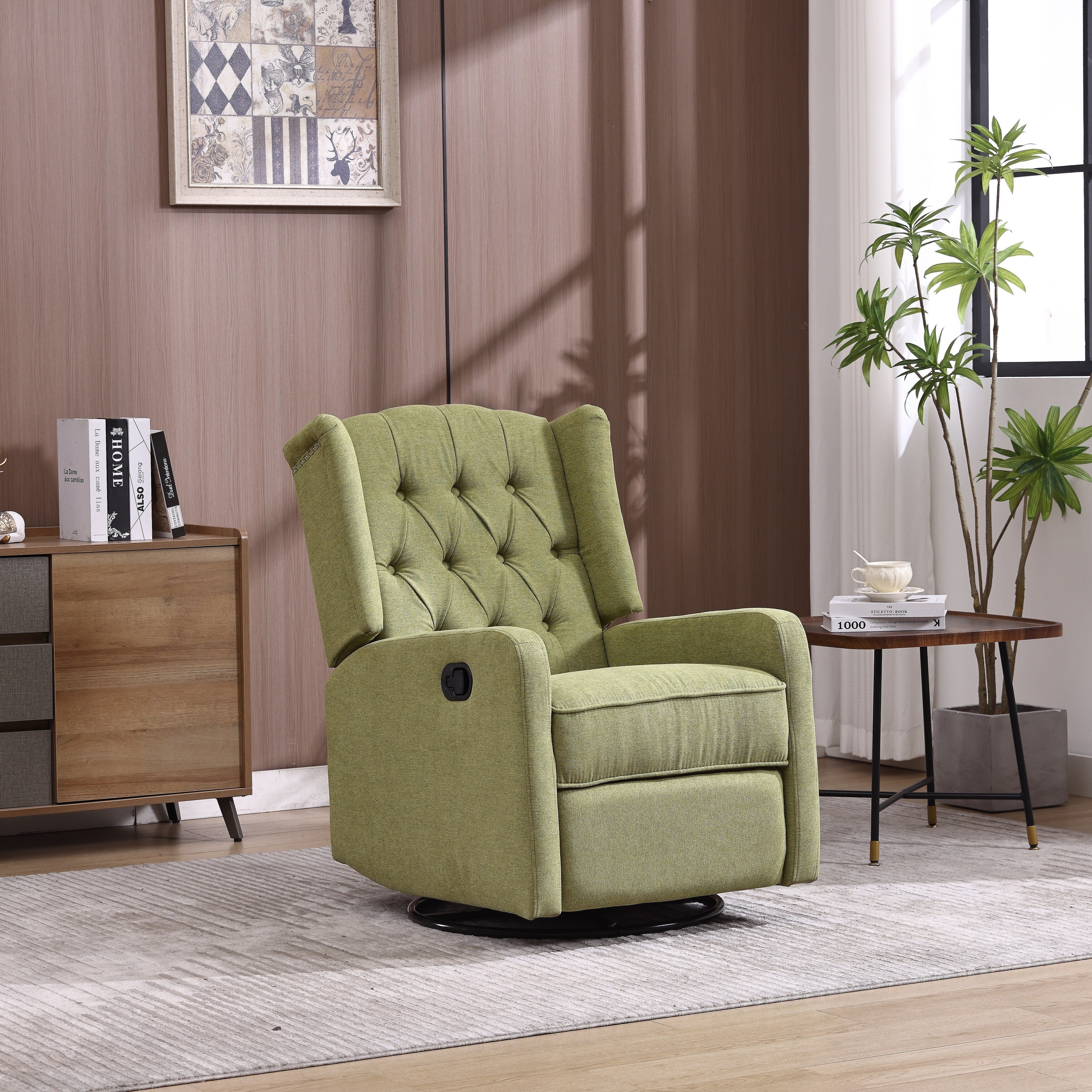 Fauteuil inclinable manuel pivotant à 360° en lin vert olive avec dossier capitonné et repose-pieds pour salon et chambre