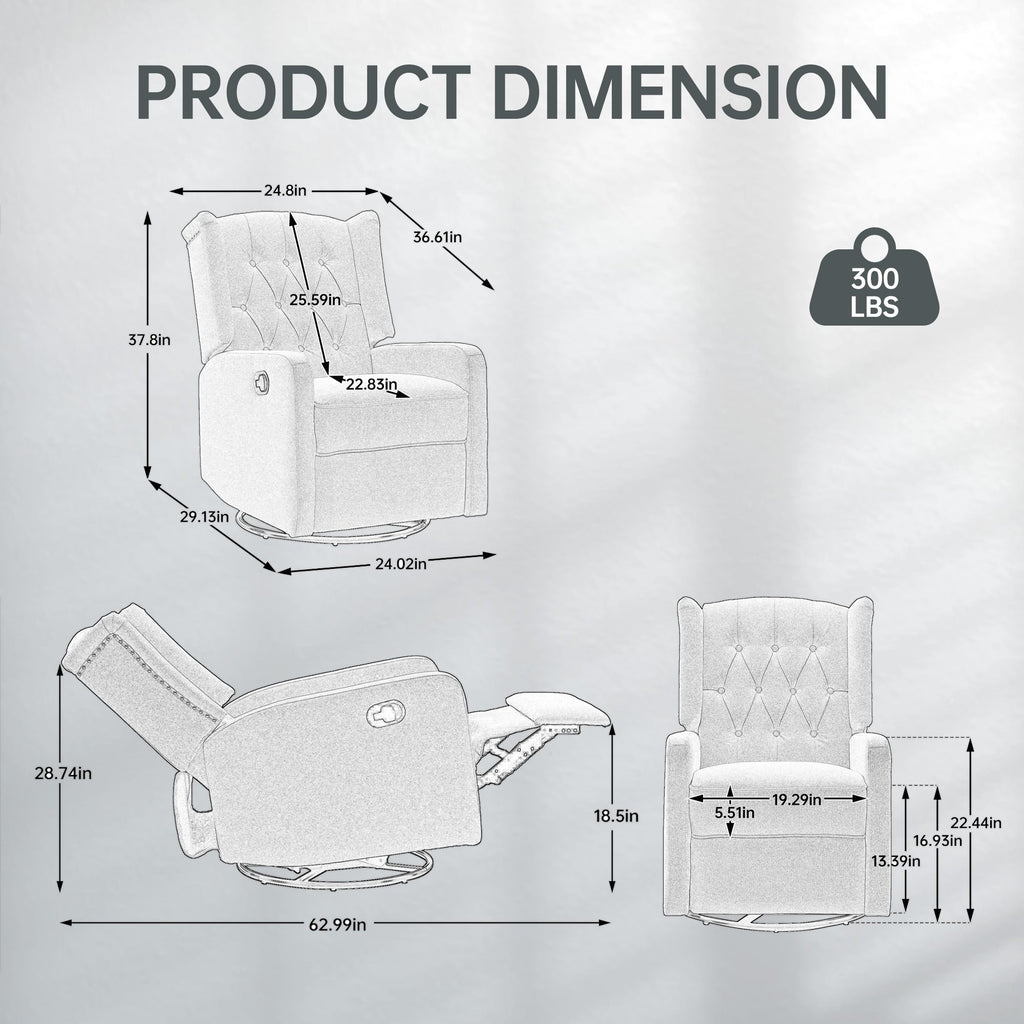 Fauteuil inclinable manuel pivotant à 360° en lin vert olive avec dossier capitonné et repose-pieds pour salon et chambre