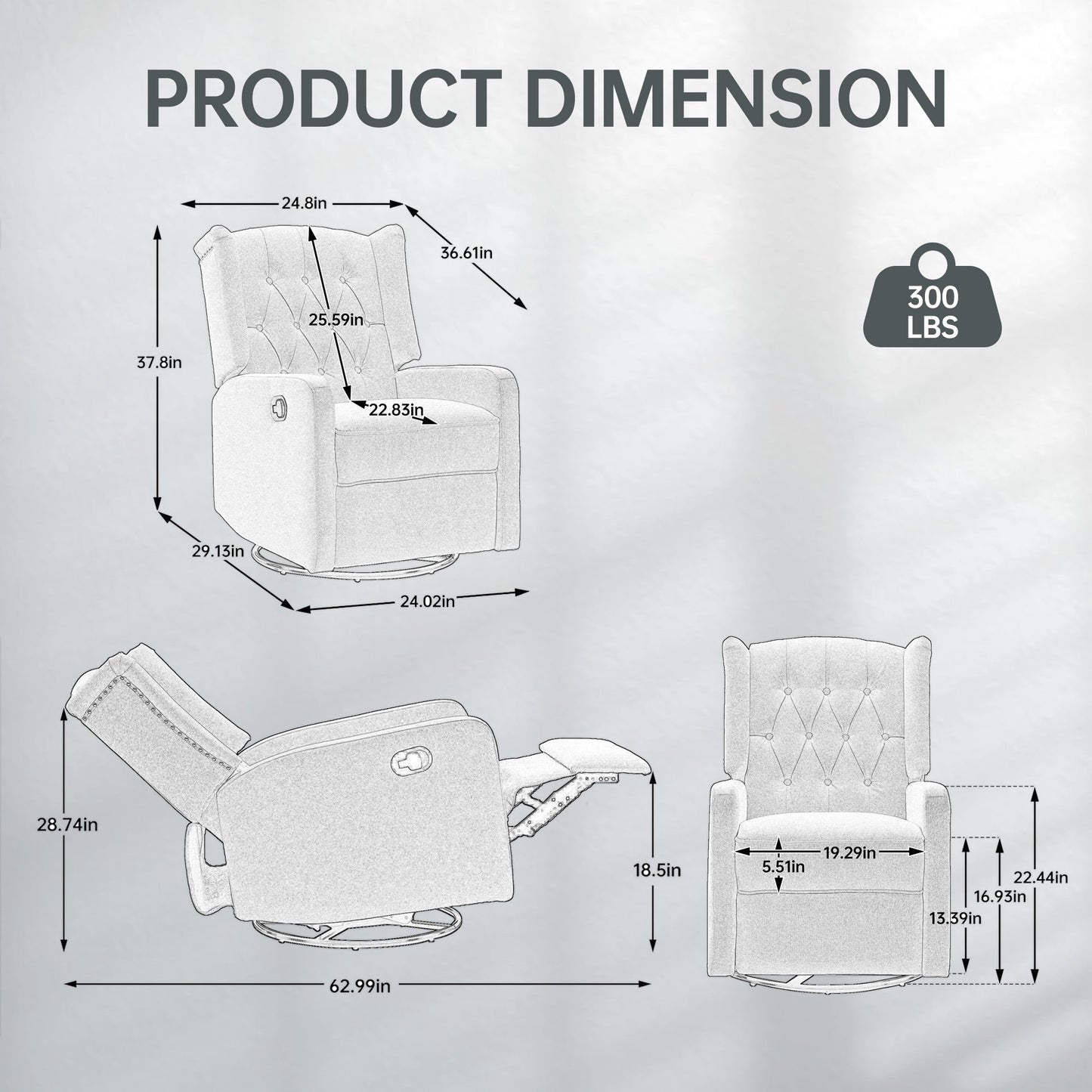Fauteuil inclinable manuel pivotant à 360° en lin vert olive avec dossier capitonné et repose-pieds pour salon et chambre
