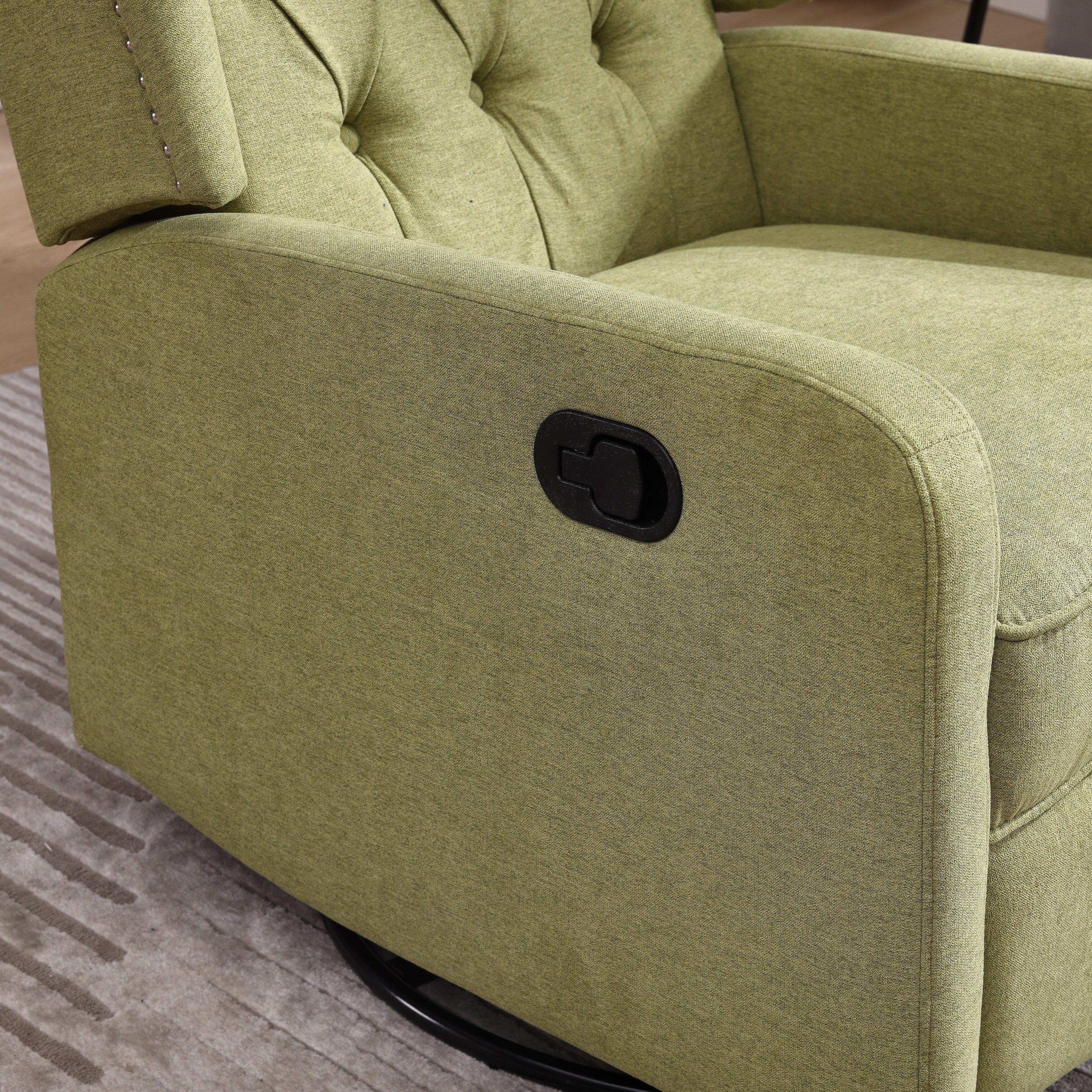 Fauteuil inclinable manuel pivotant à 360° en lin vert olive avec dossier capitonné et repose-pieds pour salon et chambre