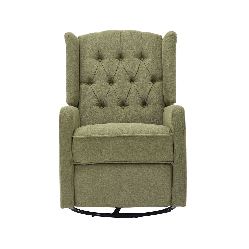 Fauteuil inclinable manuel pivotant à 360° en lin vert olive avec dossier capitonné et repose-pieds pour salon et chambre