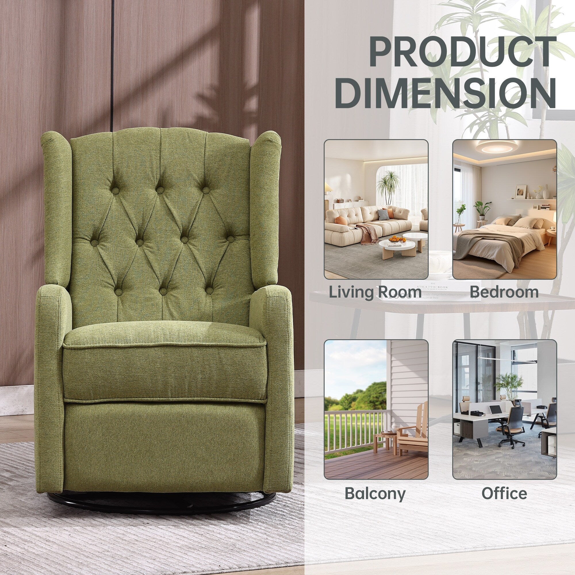 Fauteuil inclinable manuel pivotant à 360° en lin vert olive avec dossier capitonné et repose-pieds pour salon et chambre