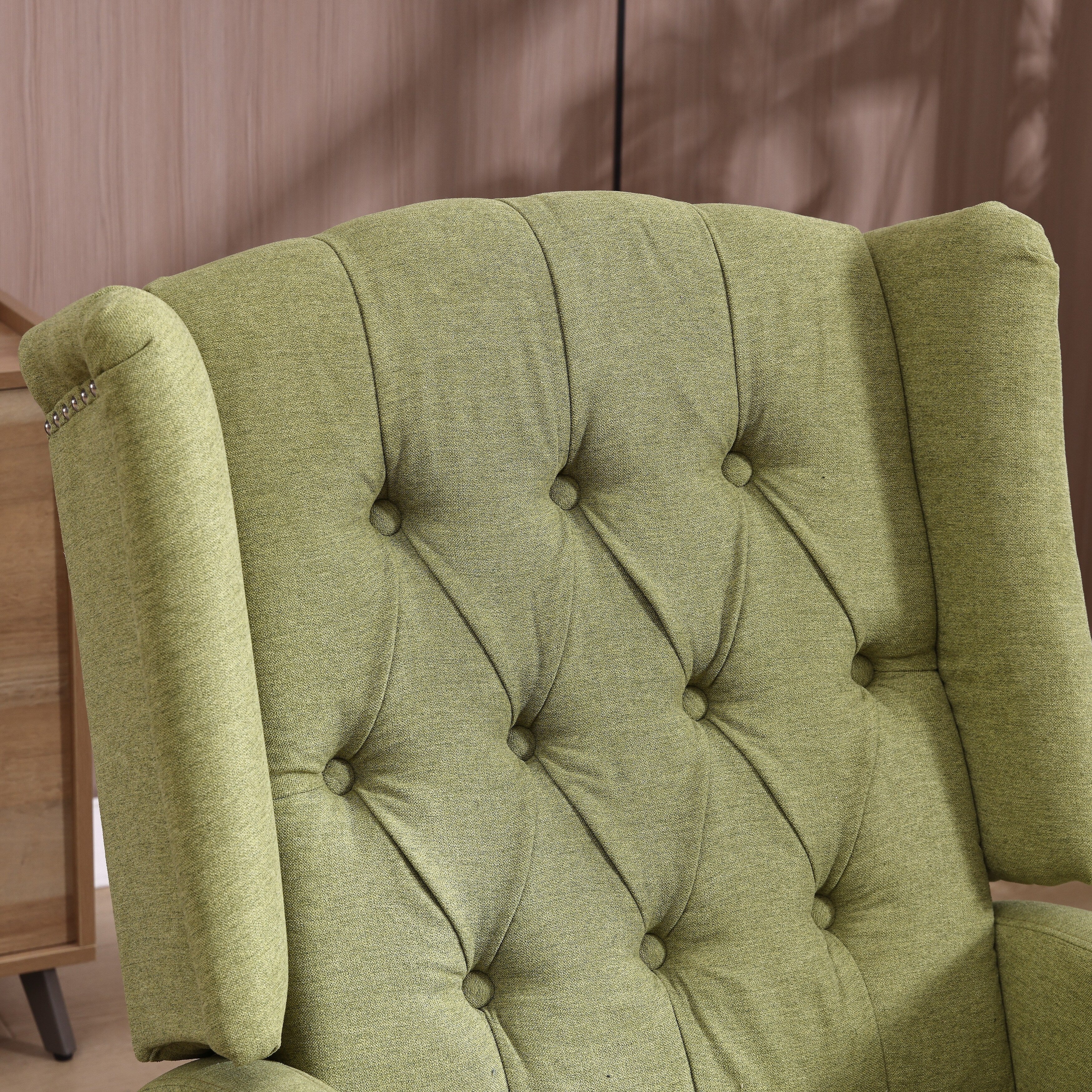 Fauteuil inclinable manuel pivotant à 360° en lin vert olive avec dossier capitonné et repose-pieds pour salon et chambre