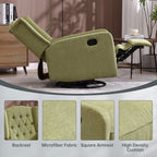 Fauteuil inclinable manuel pivotant à 360° en lin vert olive avec dossier capitonné et repose-pieds pour salon et chambre