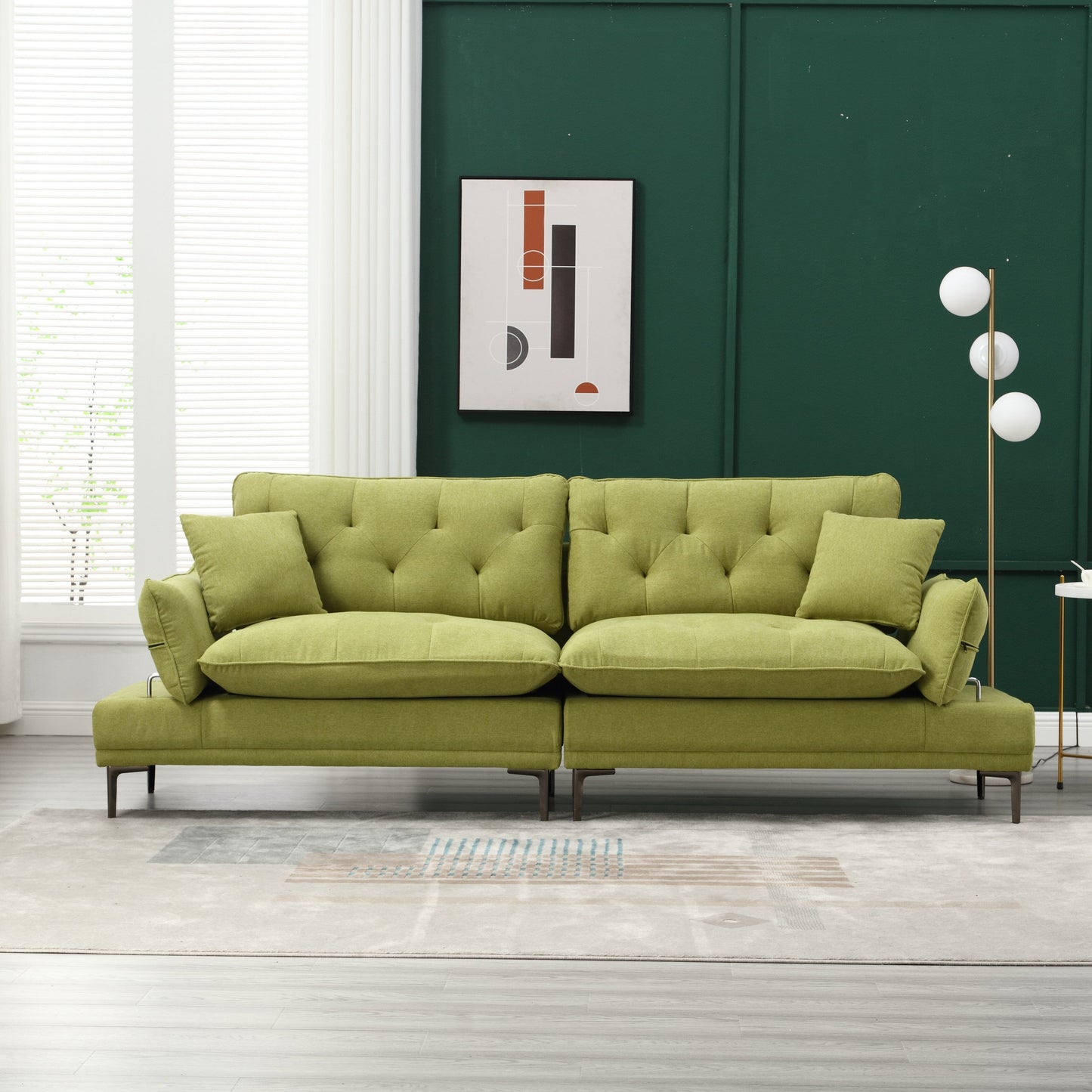Canapé causeuse en lin Olive Modern 102.36 avec accoudoirs réglables et coussins capitonnés pour le salon