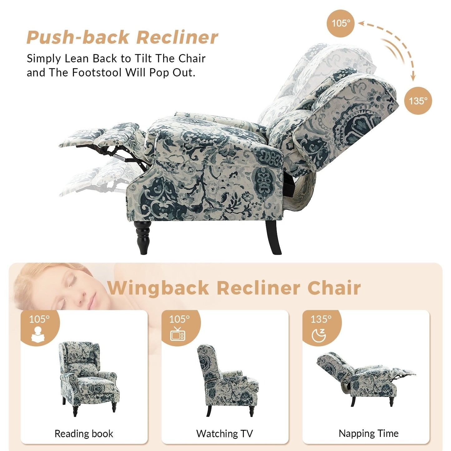 Fauteuil inclinable manuel classique rembourré Olympus avec pieds en bois massif, lot de 2 par HULALA HOME
