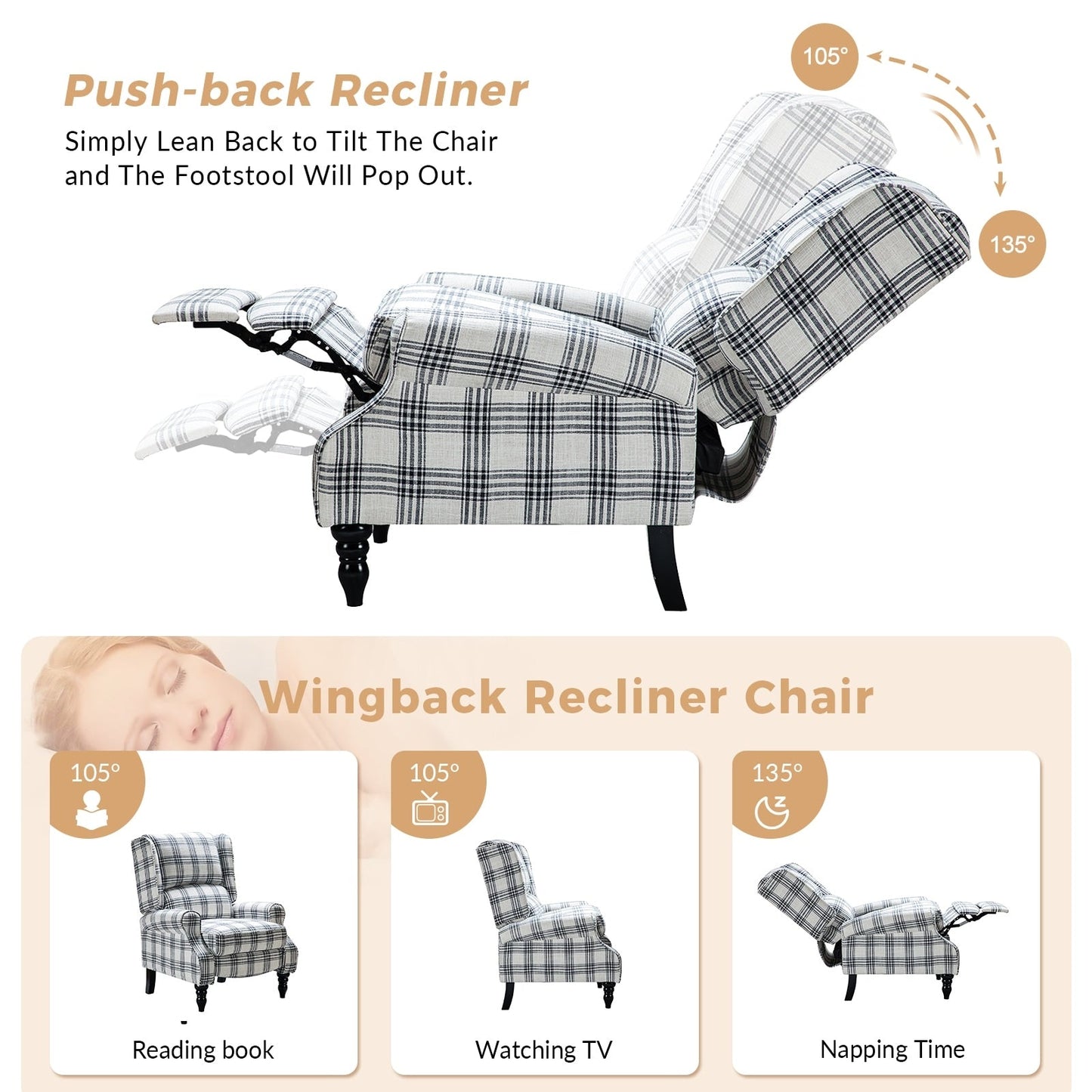Fauteuil inclinable manuel classique rembourré Olympus avec pieds en bois massif, lot de 2 par HULALA HOME
